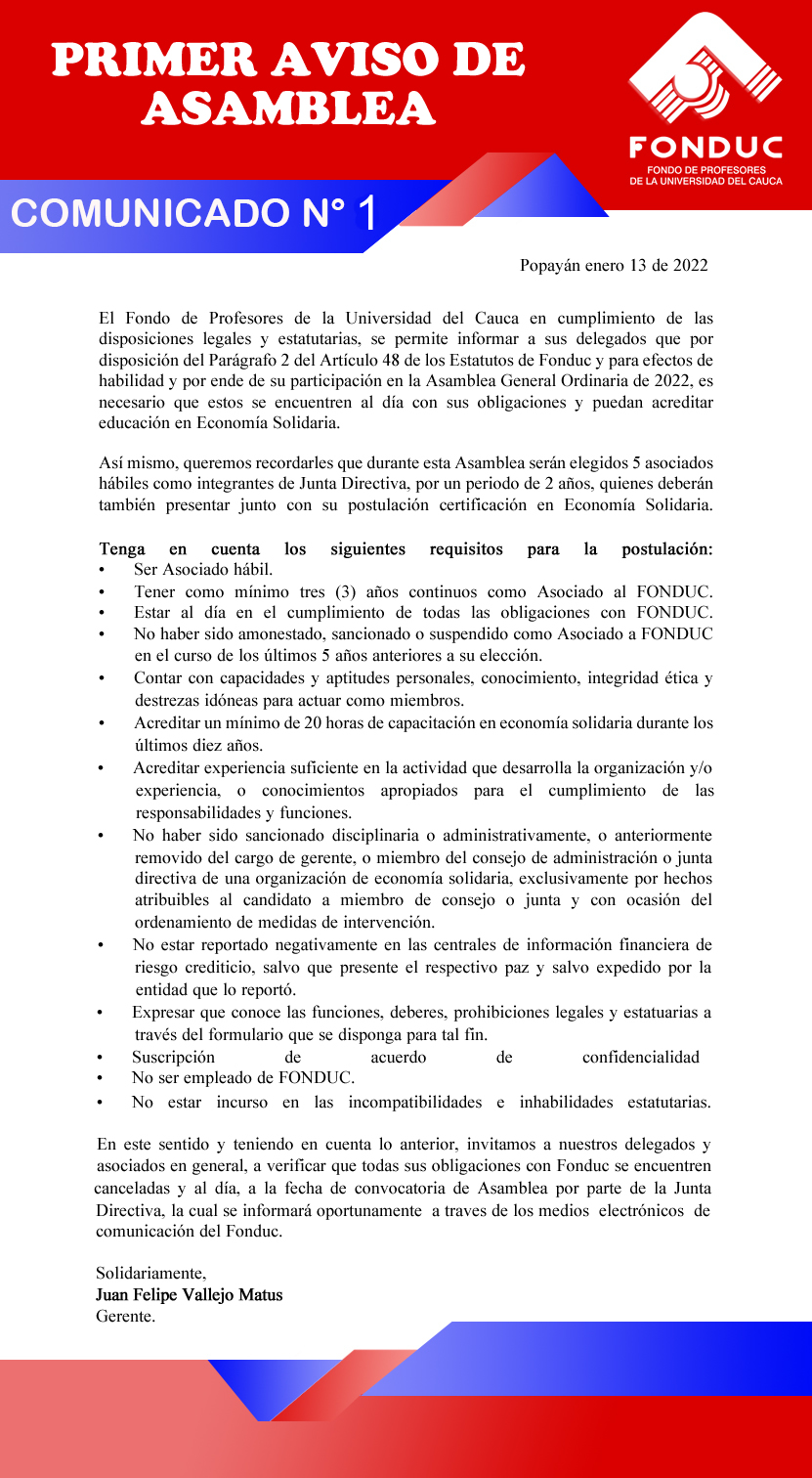 PRIMER AVISO DE ASAMBLEA