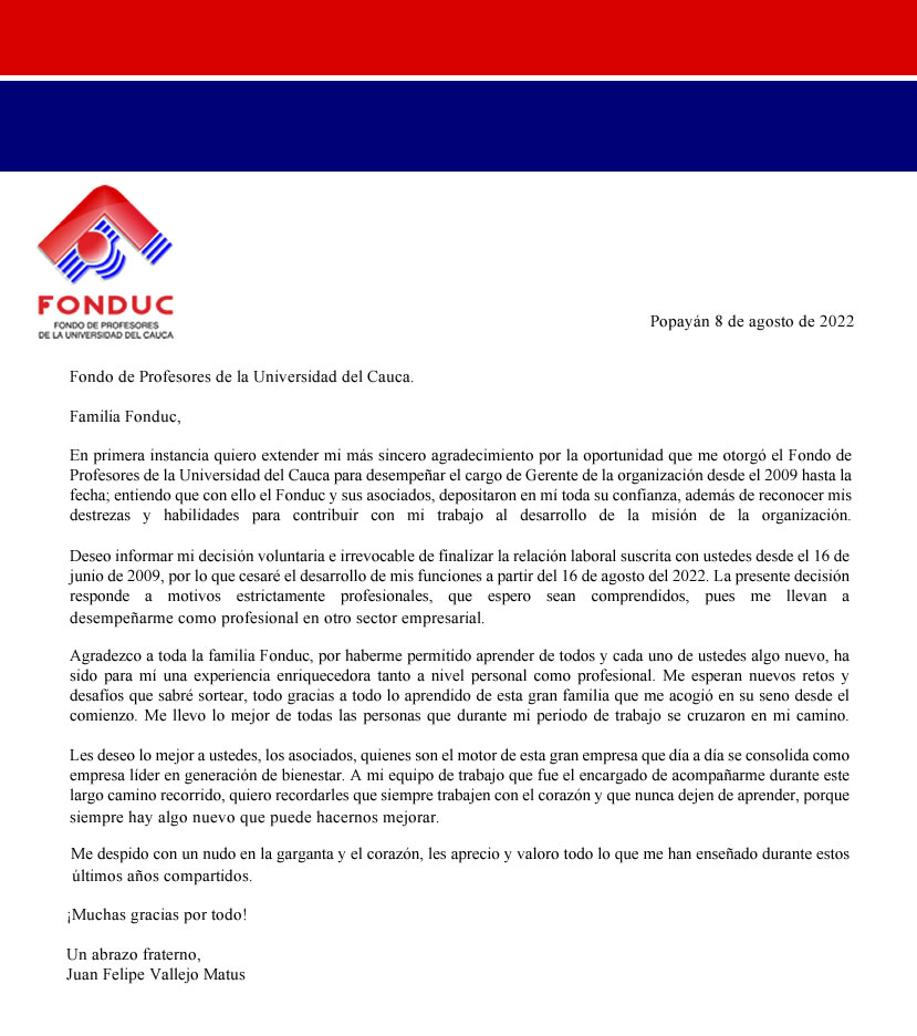 Carta despedida JFVM