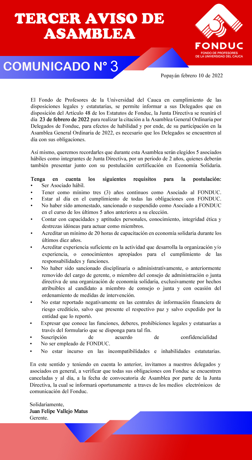 TERCER AVISO DE ASAMBLEA