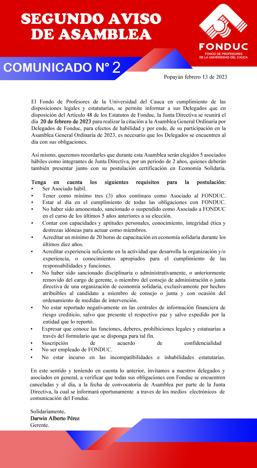 SEGUNDO AVISO DE ASAMBLEA