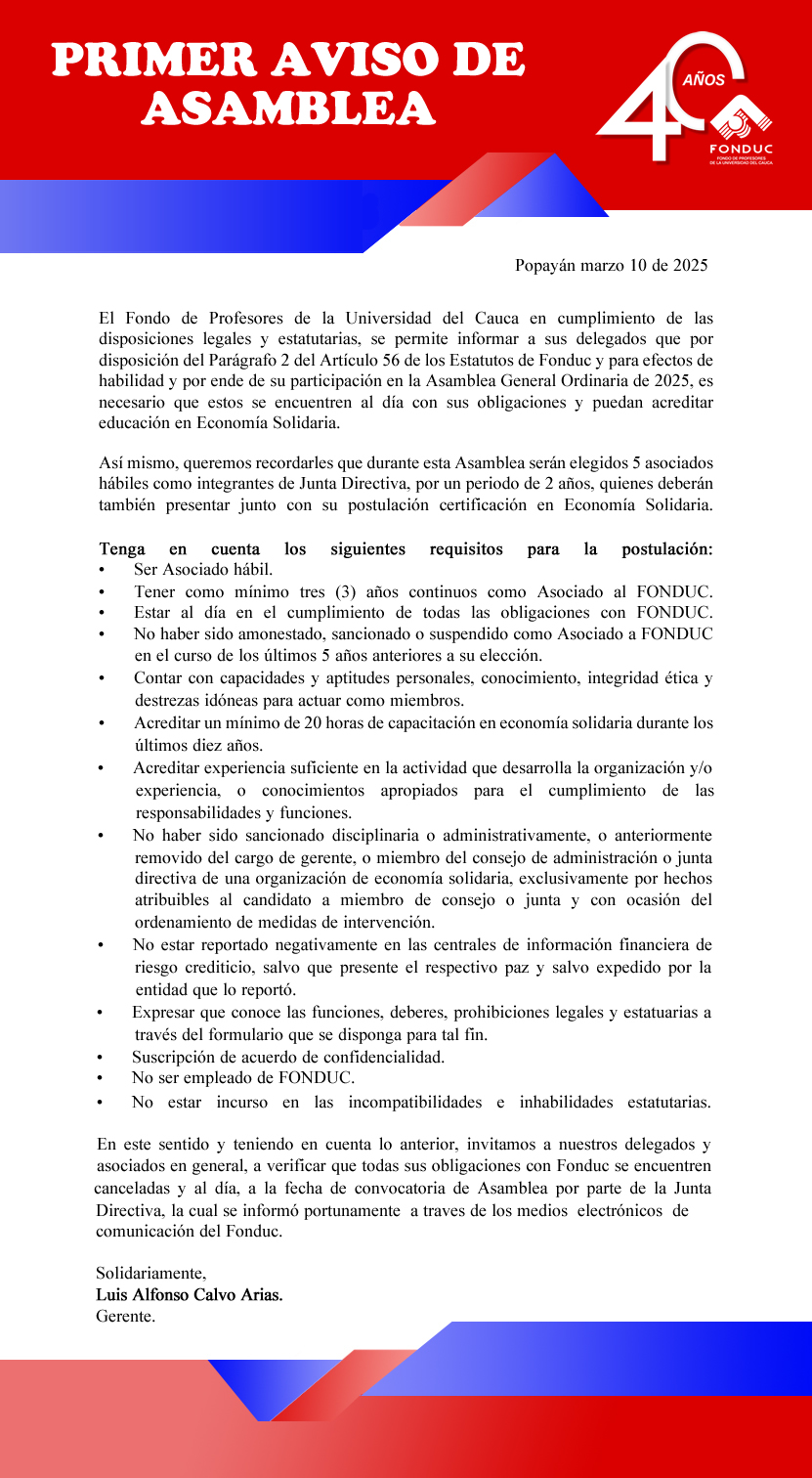 PRIMER AVISO DE ASAMBLEA